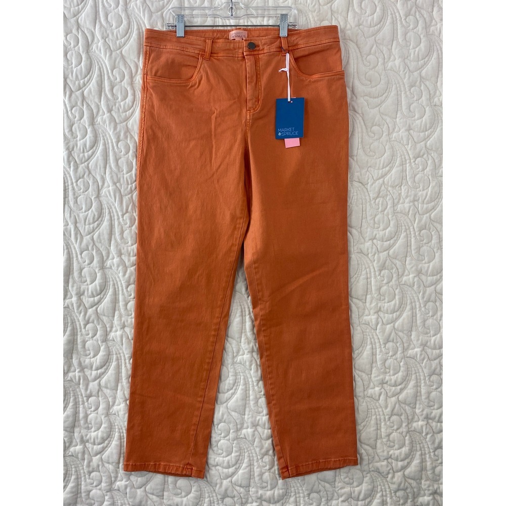 NEW Market & Spruce Straight Leg Pants Womens 14 Orange Stretch Cotton Denim